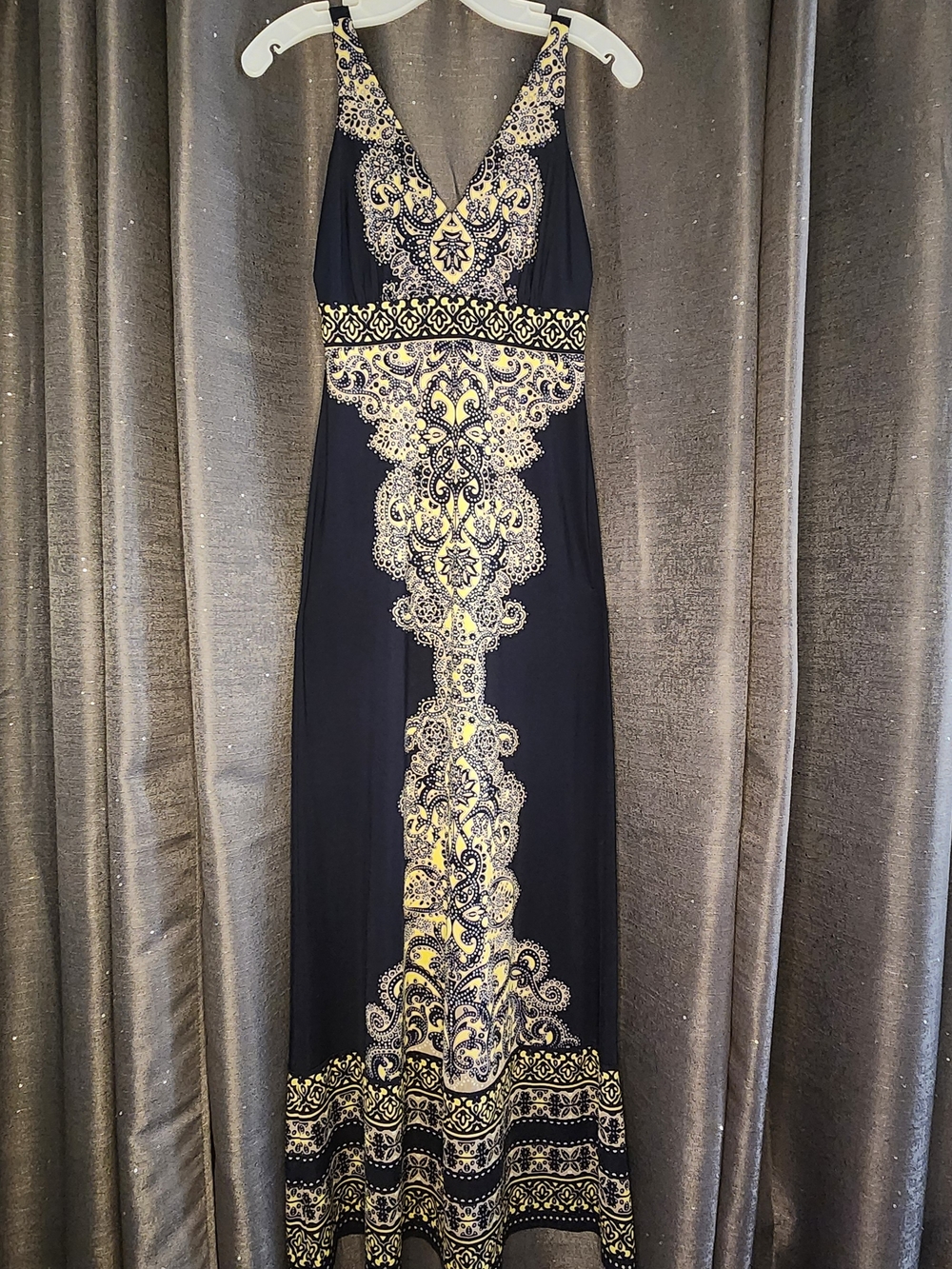 Navy Yellow And White Paisley Maxi Dress